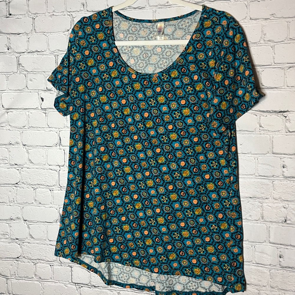 LuLaRoe Teal and Yellow Floral Short Sleeve Top